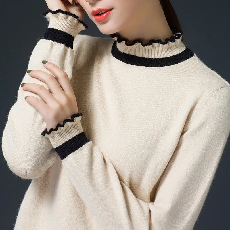 Кашемировый вязаный свитер с кружевным воротником средней длины, Женский пуловер, свободный осенний зимний толстый короткий женский джемпер