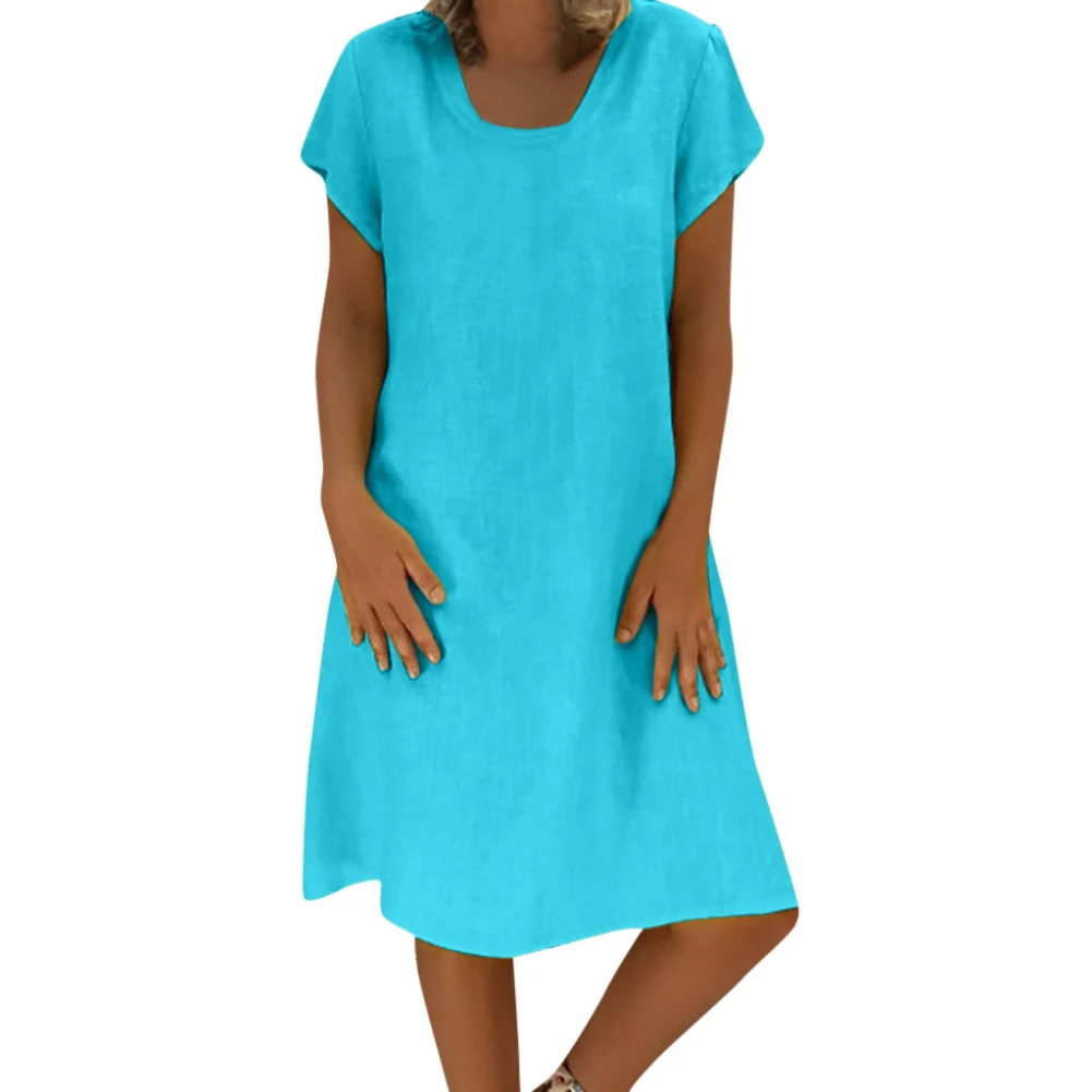 Мода размера плюс женское хлопковое льняное одноцветное платье с коротким рукавом и круглым вырезом миди - Цвет: Небесно-голубой