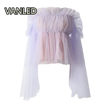 

Fashion Sweet Sexy Strapless Slash Neck Gauze Lace Shirt Short Purple Shirts For Women