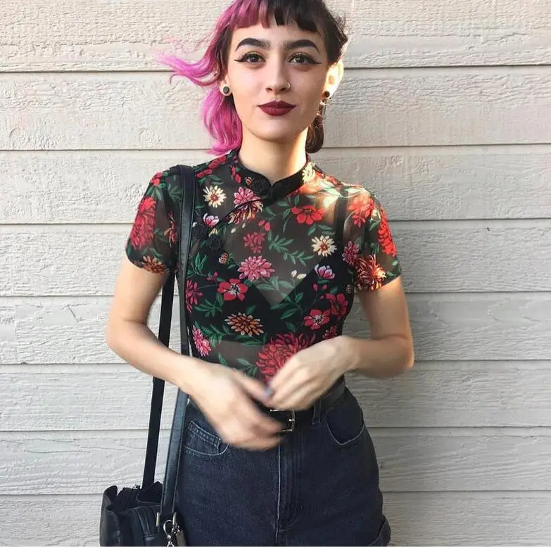 

Summer Women Mesh Transparent Flower Print Crop Tops Stand Collar Slim T-Shirt