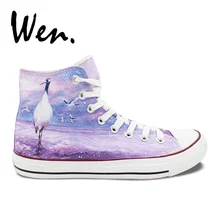 Вэнь ручная роспись парусиновые кроссовки красные-коронованные краны высокие женские холщовые кроссовки для дня рождения подарки