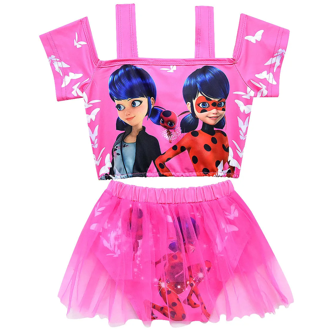 

Newest Moana Ladybug Girl children's swimsuit suit 2019 Summer Novelty mesh gauze shoulder strap Two-piece Kids clothes