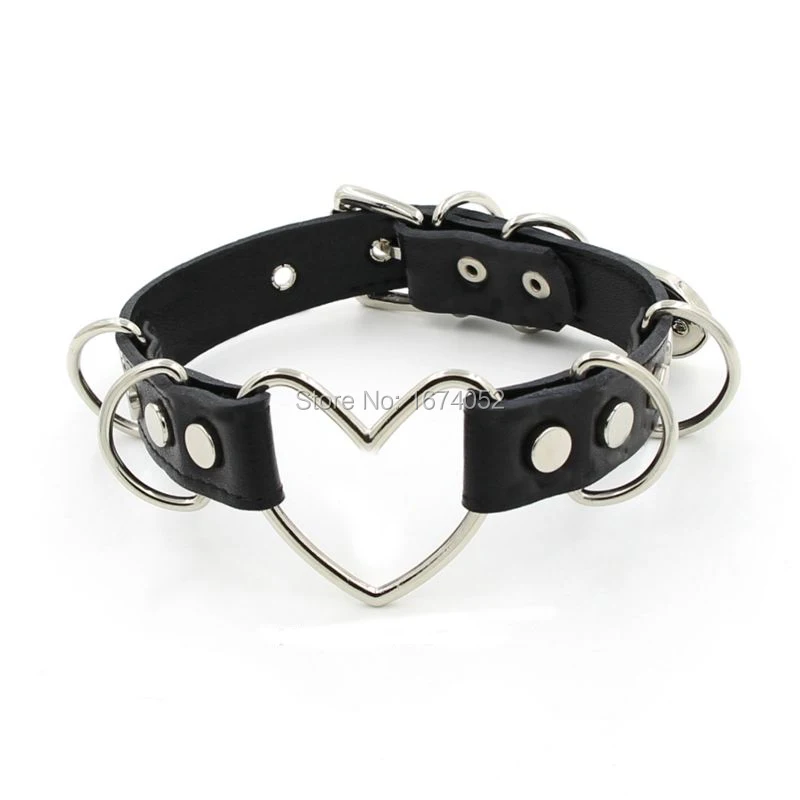 Jual Punk Gothic 100% Buatan Tangan Besar Hati Kulit Kalung D Logam Link Fetish BDSM Kerah Kalung