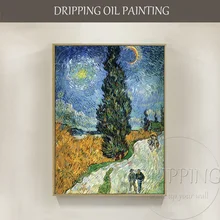 Профессиональный живописец воспроизводит высокое качество импрессионистской ландшафтной дороги с кипарисами масляной живописи Ван Гог масляной живописи