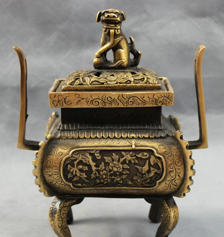 

S5030 7" China Bronze Folk Lion PiXiu Head Statue Tibet Flower Incense Burner Censer D0317