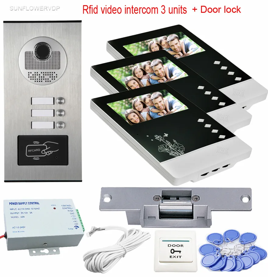Video Intercom Rfid CCD Camera For 3 Apartments Home Video Door Phone 3 Monitors 4.3inchs With Electric Strike Lock System Unit