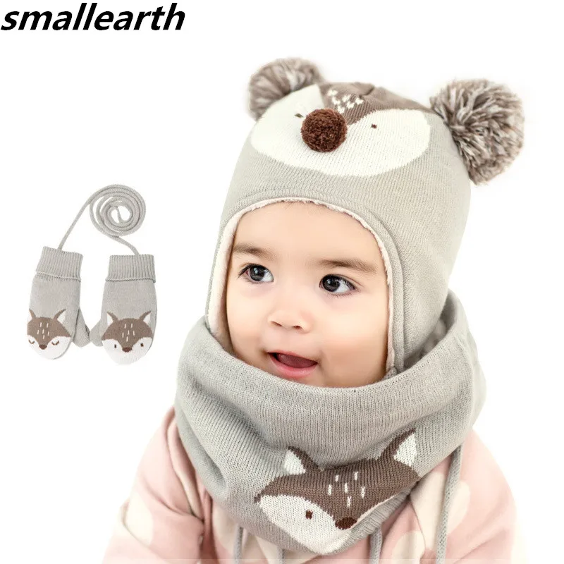 2018 New Winter Children Warm Thick Hat Scarf Glove 3pcs Set Fox