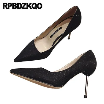 

metal heels stiletto pumps 8cm glitter size 4 34 women evening black 2019 high shoes dress bling silver pointed toe scarpin