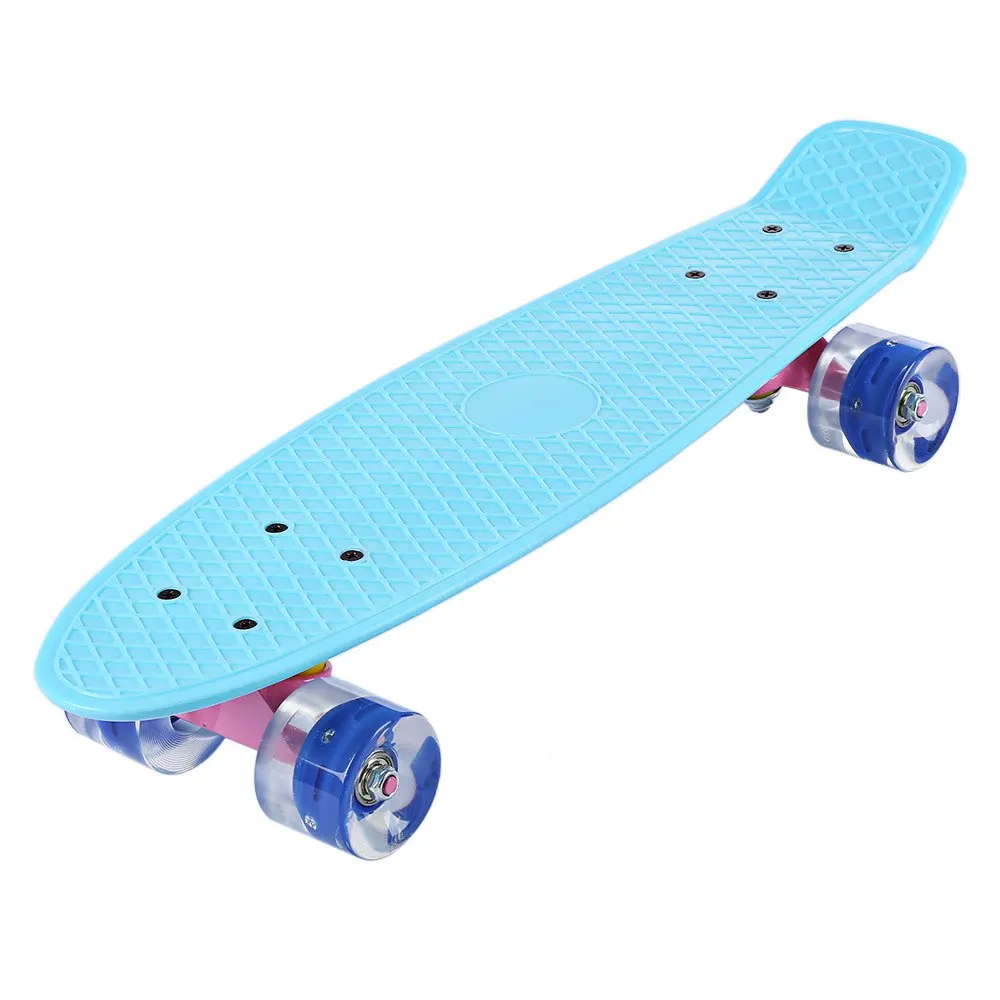 

22 Inches Mini Cruiser Skate Board with LED Flashing Wheels Banana Style Long Board Pastel Color Fish Skateboard 5 Colors