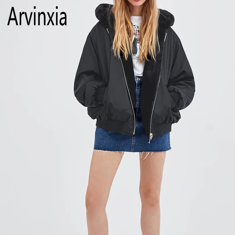 

Arvinxia ZA Solid Double Side Wearing Women Bomber Jackets New Faux Fur Loose Coats Casual Big Size Zipper Hooded Ladies Jackets