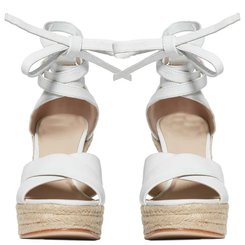 Rome Gladiator Solid White Lace-up Cross-Tied Platform Super High Wedges Heels Ankle-Wrap Leisure Fashion Concise Summer
