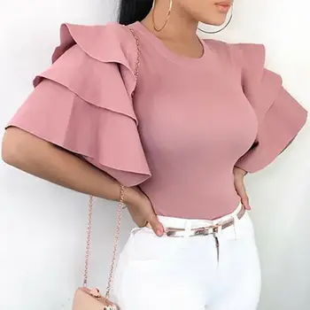 

Women T Shirt Solid Color O Neck Short Ruffles Sleeve T Shirt Sexy Ladies Evening Party Clubwear Femme Casual Summer Clothes