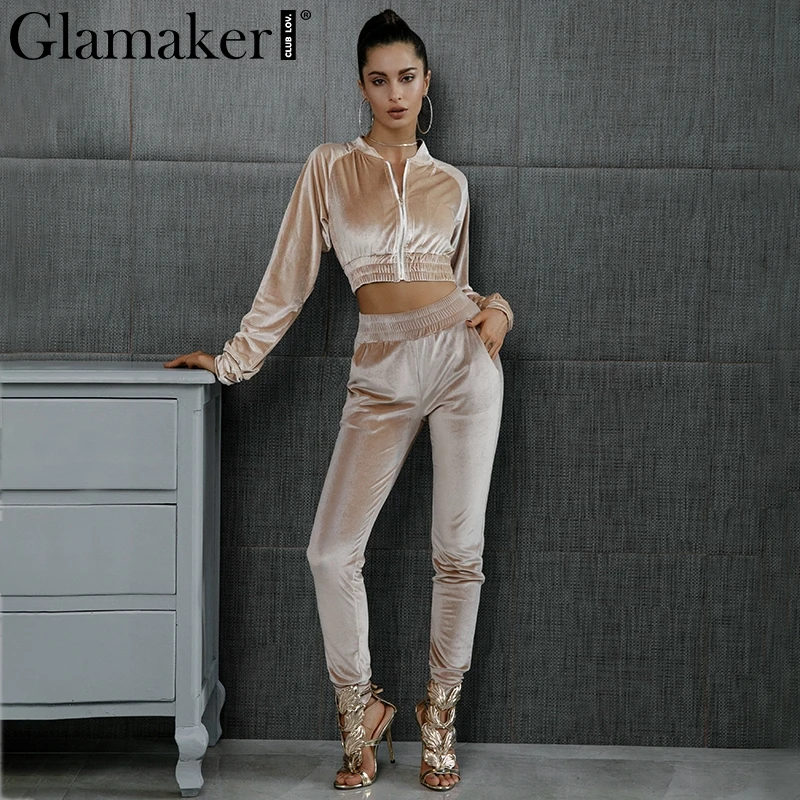 

Glamaker Velvet two-piece suit summer jumpsuit romper women Sexy crop sexy overalls Elegant long sleeve playsuit ladies jumpsuit