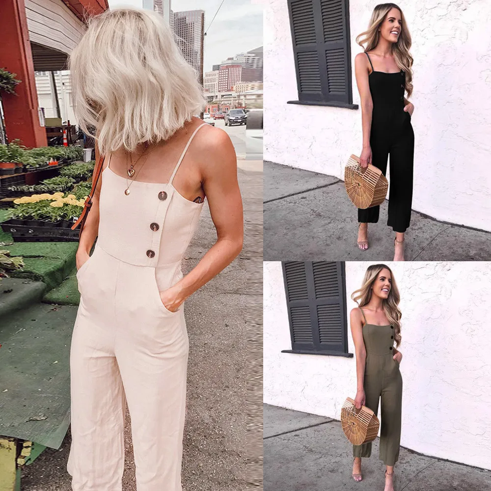 

2019 Women Sleeveless Button Jumpsuits Overalls Bib Pants Dungaree Trousers 3.20