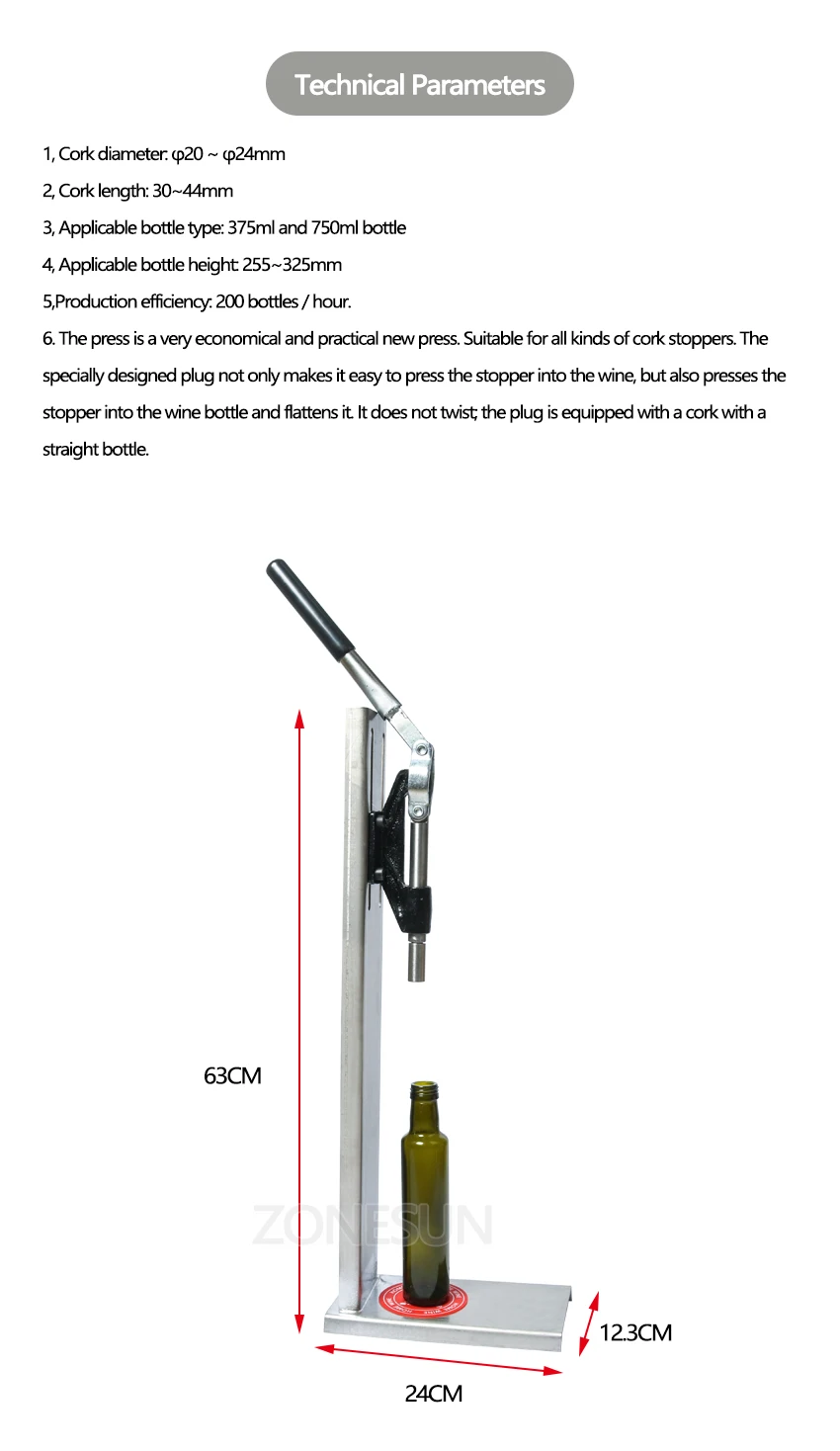 machine dimension of manual corking machine