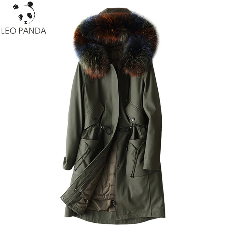 

Winter Genuine Leather Jacket Women Long Real Sheepskin Coat Natural Raccoon Fur Collar Hooded Female Down Jackets Plus Size