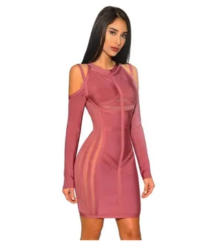 

Top Quality Celebrity Long Sleeve Purple Hollow Out Rayon Bandage Dress Homecoming Party Bodycon Dress