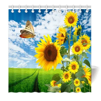 

HommomH Shower Curtain Weights Resistant Waterproof Fabric With Hooks Bathroom Natural Scenery Beautiful Sunflower Butterfly