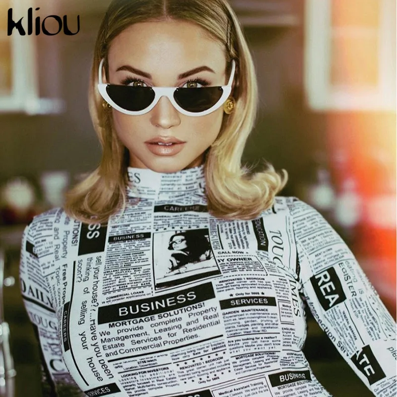 Kliou 2018 الخريف المرأة الكامل كم إلكتروني أخبار طباعة داخلية hurtleneck النساء أزياء الشارع تجريب عارضة داخلية السروال القصير