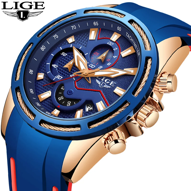 

2019 LIGE New Blue Silicone Strap Mens Watches Top Brand Luxury Waterproof Sport Chronograph Gold Quartz Wristwatch Reloj Hombre