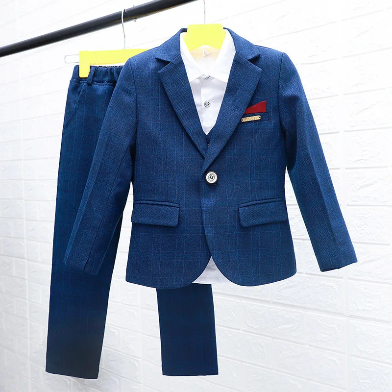 Kids Formal Suit Wedding Birthday Party Dress Flowers Boys Blazer Vest Pants 3pcs Tuxedo Children Prom Performance Costume L12