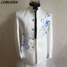 men costumes suit Blue white porcelain stand collar men’s clothing set costume for singer wedding prom party formal groom dress