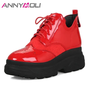 

ANNYMOLI Patent Leather Ankle Boots Women Boots Winter Flat Platform Heel Short Boots Horsehair Lace Up Lady Shoes Red Size 3 43