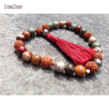 

Mix Red Creek Jaspers Rudraksha Seed & Pyrite Beaded Bracelet Bohemian 27 Bead Quarter Mala Bracelet With Tassel BM11070