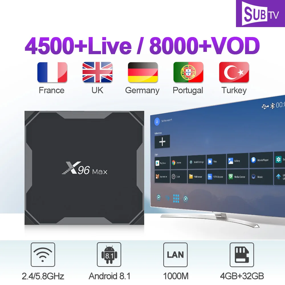 Iptv France Android 8.1 X96 MAX Tv Box 4GB 32GB S905X2 With 1 Year SUBTV Code French Portugal UK Italy Arabic Iptv Subscription Iptv France Android 8.1 X96 MAX Tv Box 4GB 32GB S905X2 With 1 Year SUBTV Code French Portugal UK Italy Arabic Iptv Subscription