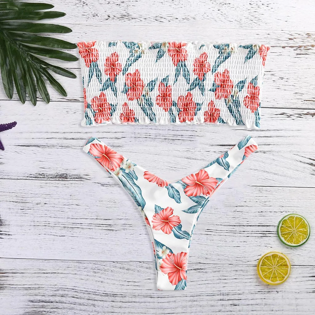 

Women Summer Beach Floral Print Pleat Tube Up Two Pieces Bikini Wrap Chest Swimwear Brief Micro Off Shoulder Swimsuit Beachwear
