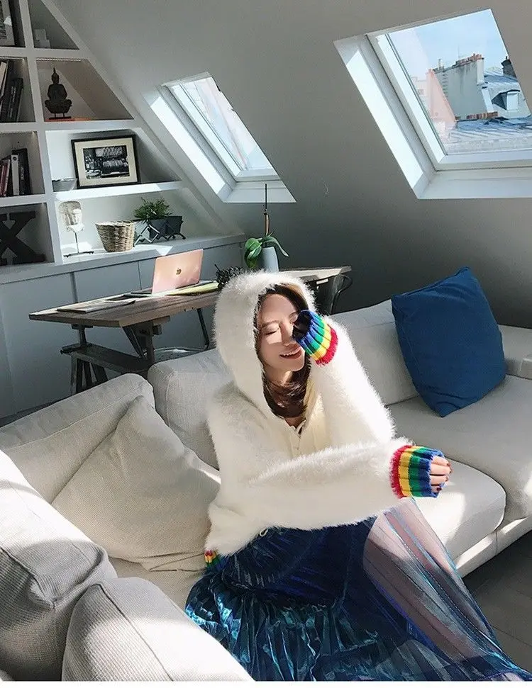 

Autumn winter new loose long-sleeved hooded mohair sweater female knit jacket maternity knitted