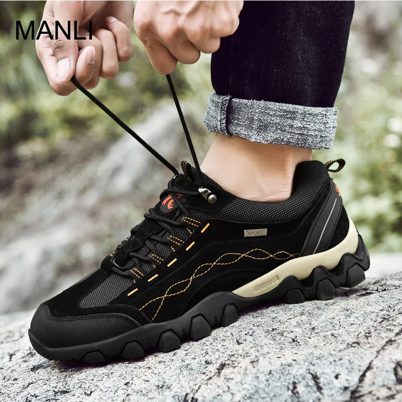 

MANLI New Outdoor Leather Hiking Shoes For Men Shock Absorption Anti-skid Wear-resistant Camping Hiking Walking Trekking Sneaker