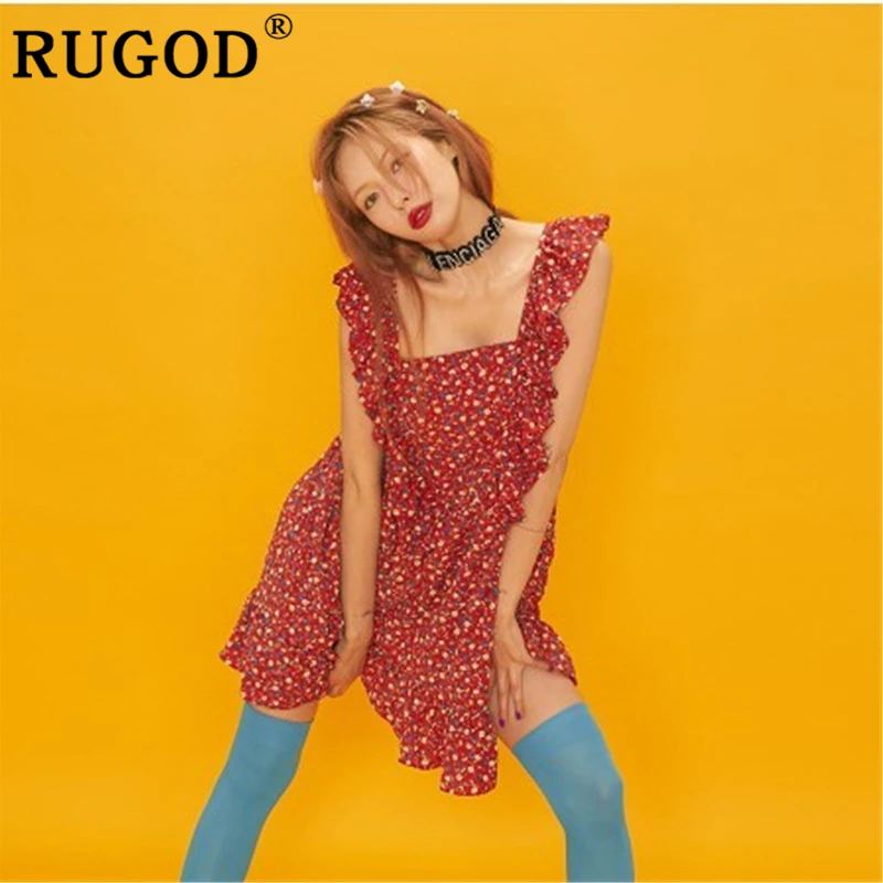 RUGOD модное женское мини платье корейское шикарное летнее с цветочным принтом для
