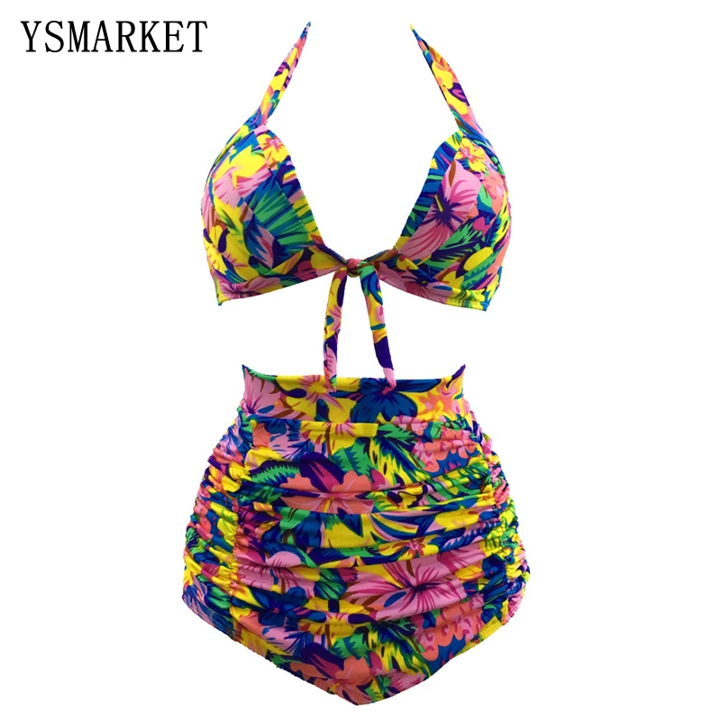 

Sexy Bikini Set Women High Waist Push Up Bra Lace Up Swimsuit Vintage Print Halter Beach Bathing Suit Plus Size 3XL F026
