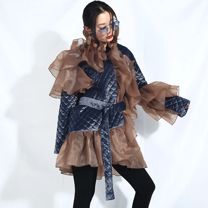 [EAM] серое пальто с оборками и сеткой, с хлопковой подкладкой, с длинным рукавом, свободный крой, женские парки, модная новинка, Осень-зима, JI588