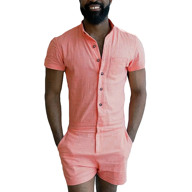ACTIONCLUB Summer Fashion Party Overalls Men Short Romper Male Single Breasted Jumpsuit Cargo Short Pant Boyfriend Zip Trousers