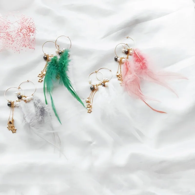 

Korean Simple Sweet Girl Elegant Long Feather Star Pendant Dangle Earrings Women Girl Fashion Beautiful Jewelry Accessories
