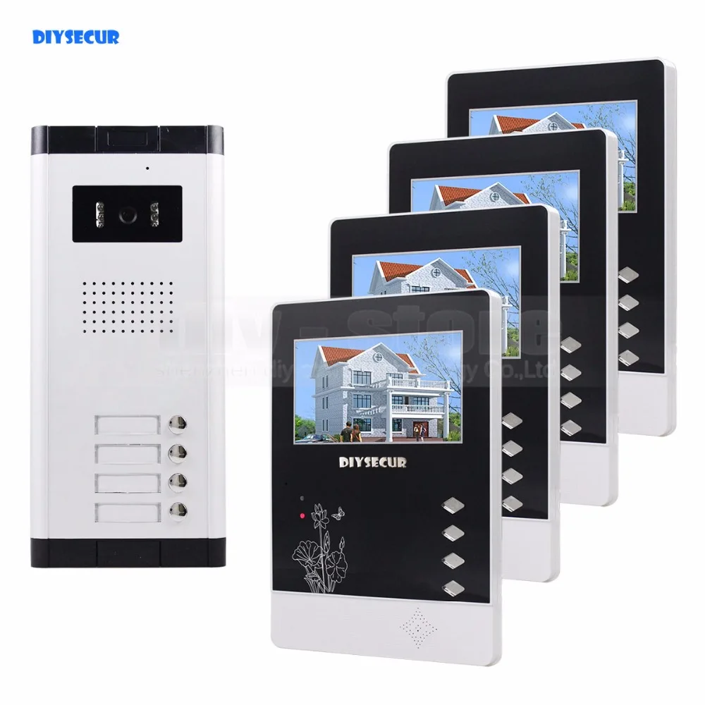 

DIYSECUR Quality 4.3" 4-Wired Apartment Video Door Phone Audio Visual Intercom Entry System IR Camera for 4 Families
