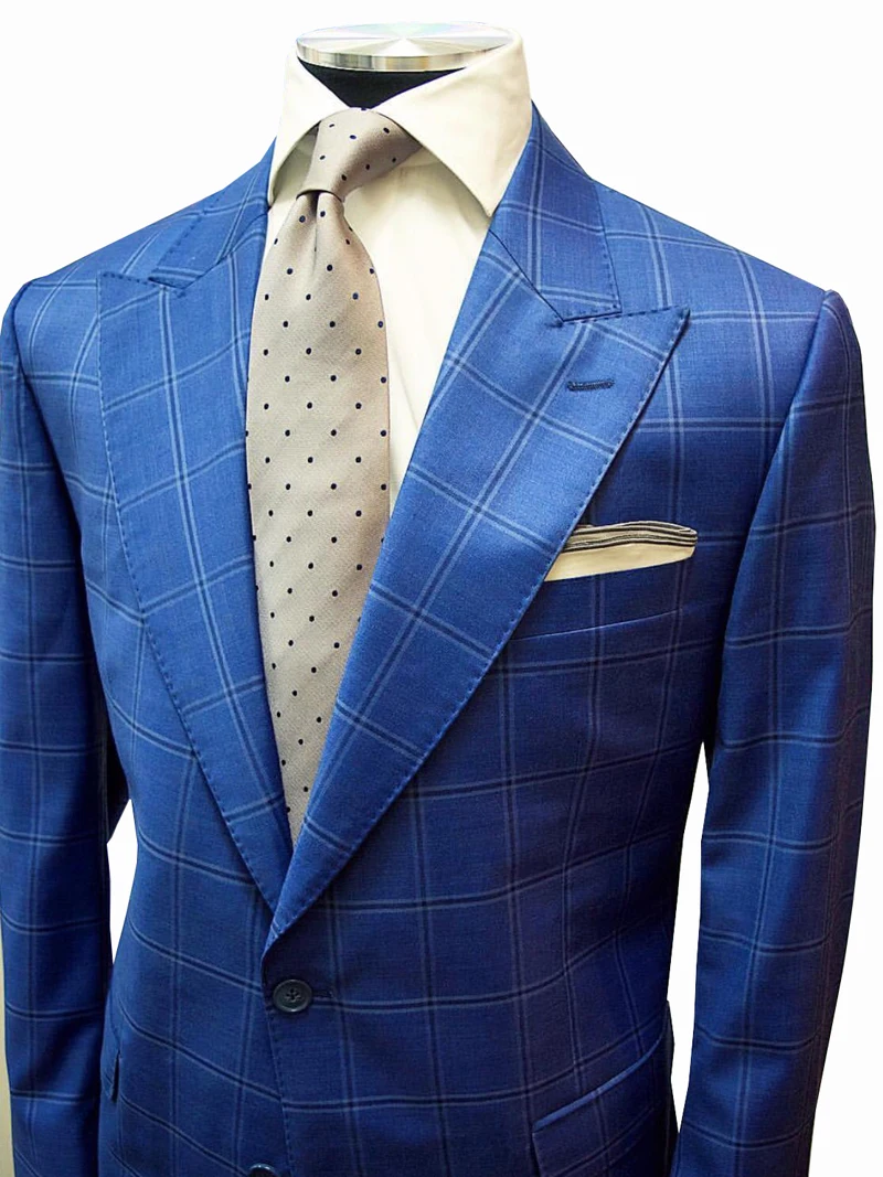 

2018 New style Custom Made high quality 150's worsted wool blue windowpane check Men Suit for wedding business causal suit