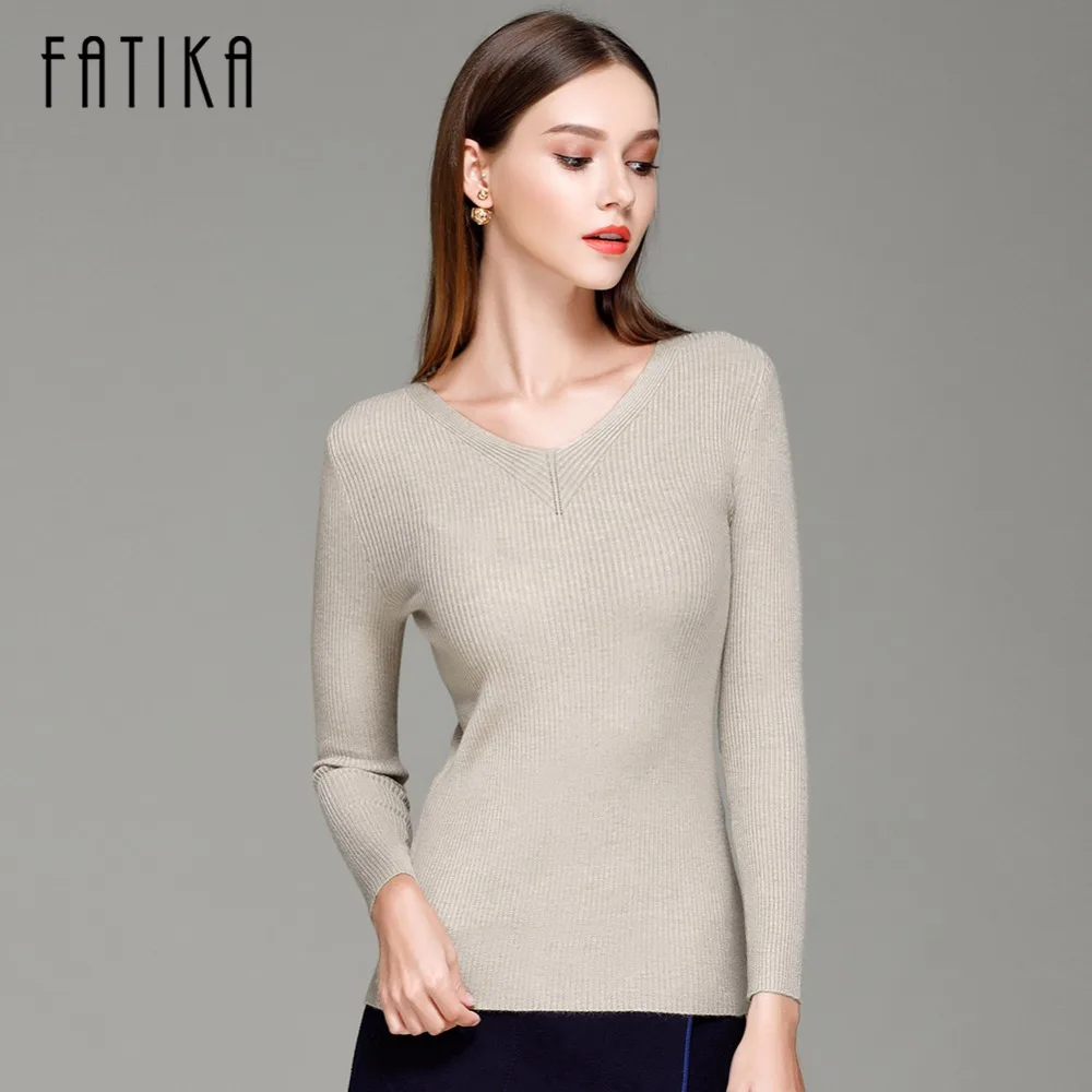 

FATIKA Women Cute Elegant V Neck Slim Casual Knit Sweater Pullover Long Sleeve Spring Bodycon Sweater Tops sueter mujer