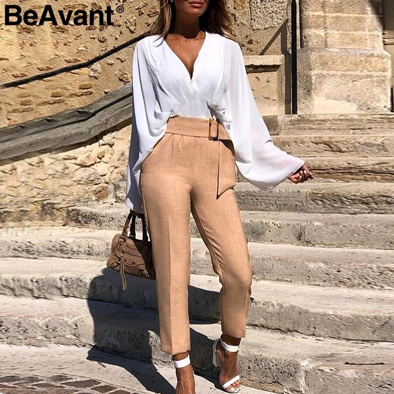 BeAvant минималистичные женские брюки с поясом и пуговицами цвета хаки узкие со