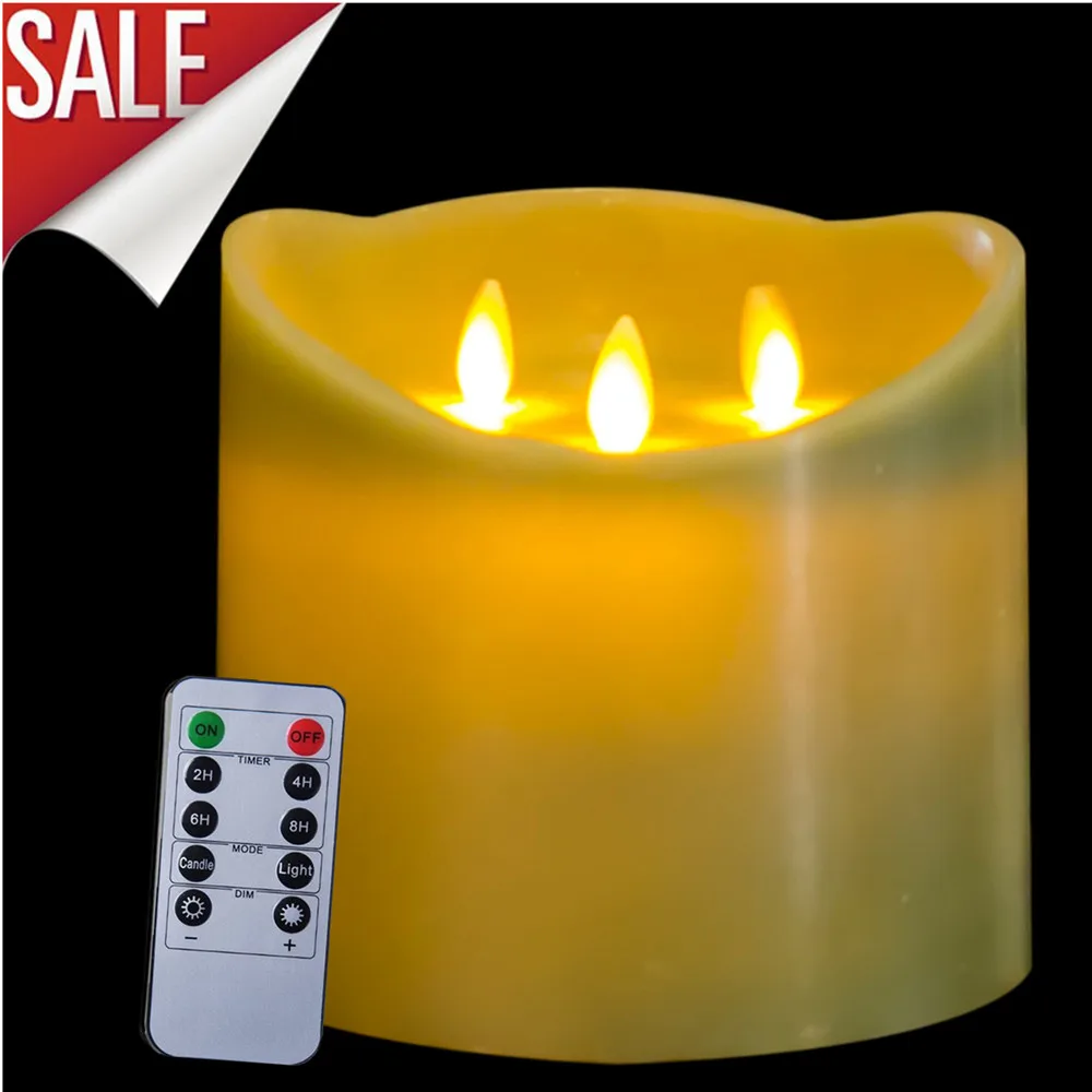 3 Wick Flameless LED Pillar LED Candles With Remote & Timer 6" x 6