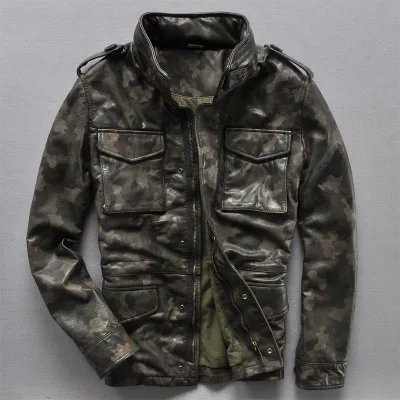 2014 men's fashion camouflage genuine leather jackets with many pocket ...