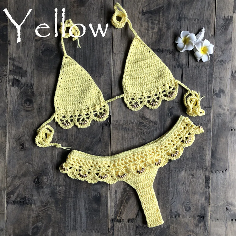 Women Push-up Strappy Knit Crochet Padded Bra Bandage Bikini Set Swimsuit Triangle Thong Bottoms Swimwear Summer Bathing