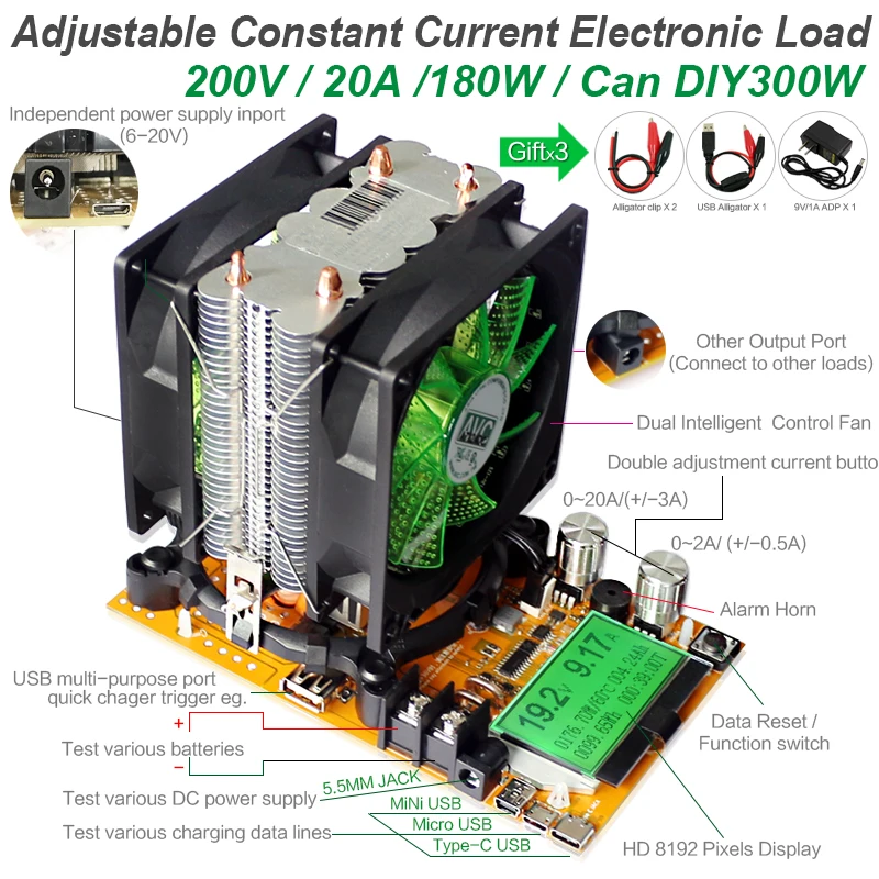 

180W Digital battery capacity tester power supply indicator dc 12V electronic load 18650 discharger resistor usb check test