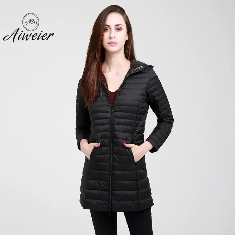 [Aiweier]Ultra Light Down Jackets Women's Hooded Plus Size Thin Long Down Coats Women Parkas Goose Solid Outwear for Girl AL2101