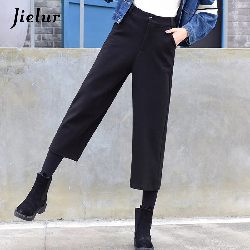 Jielur однотонные зимние шерстяные брюки женские свободный в Корейском стиле повседневные широкие брюки с высокой талией женские укороченные брюки