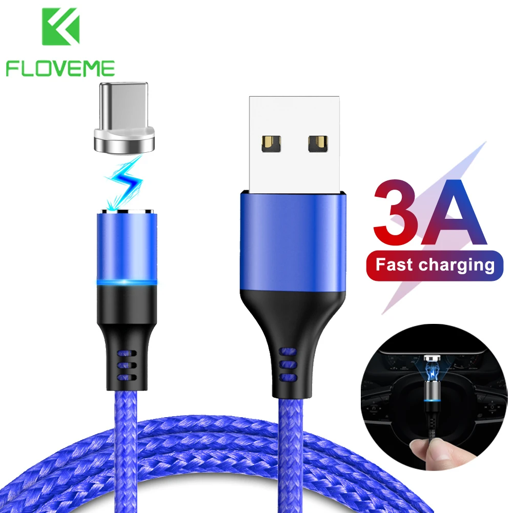 Floveme нейлоновый Плетеный 3A Быстрая Зарядка синхронизация USB-C type-C сильный Магнитный зарядный кабель для передачи данных мягкий для samsung huawei Xiaomi светодиодный 1 м