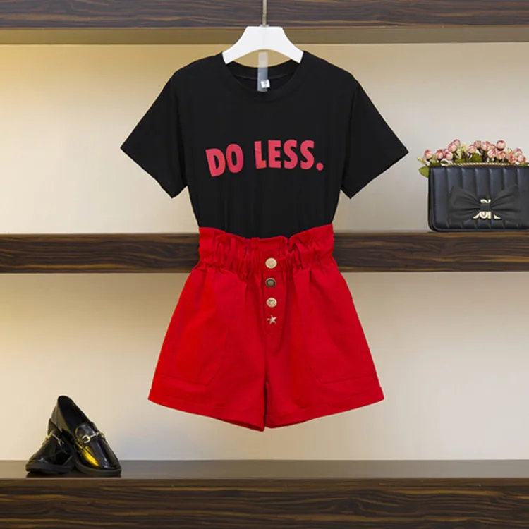 

2019 Summer Fashion Women's Casual Short Sleeves Letter T-Shirt + High Waist Shorts Two Pieces Sets Female Suits A1401