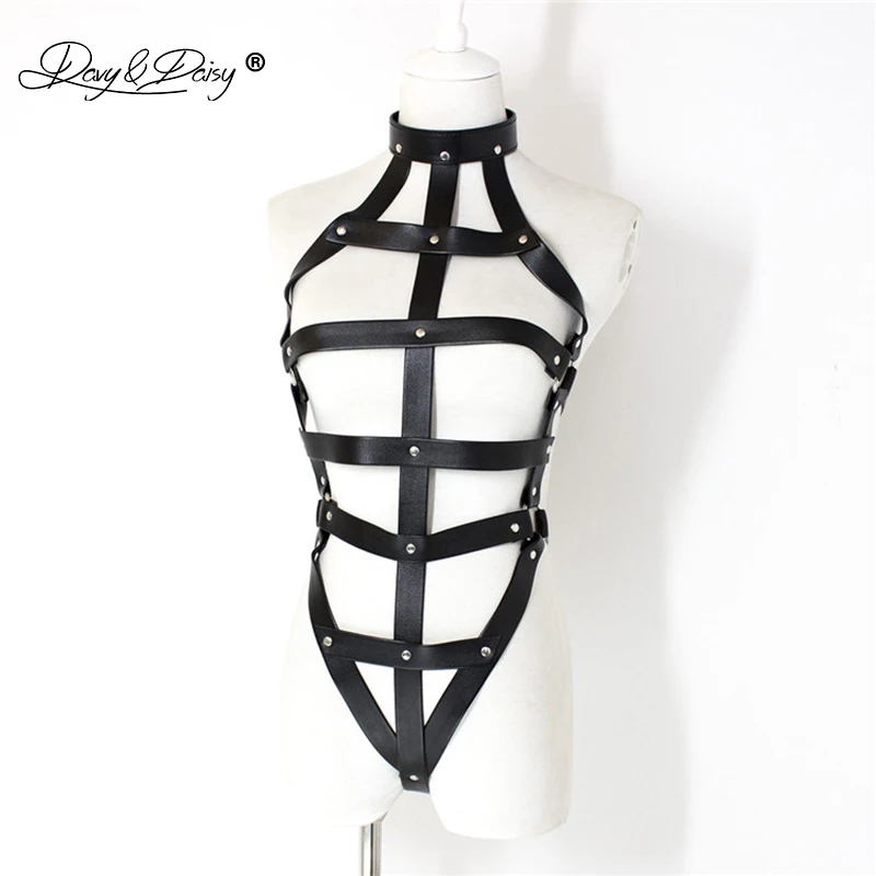 

DAVYDAISY Women Sexy Bodysuits Bandage Collar Choker Backless Catsuits PU Leather Sexy Lingerie Teddies Sexy Costumes TE523